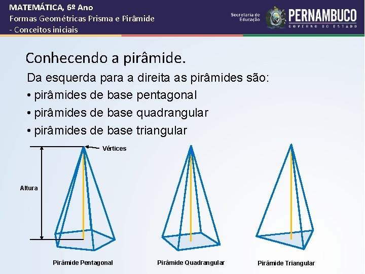 MATEMÁTICA, 6º Ano Formas Geométricas Prisma e Pirâmide - Conceitos iniciais Conhecendo a pirâmide. MATEMÁTICA, 6º Ano Formas Geométricas Prisma e Pirâmide - Conceitos iniciais Conhecendo a pirâmide.