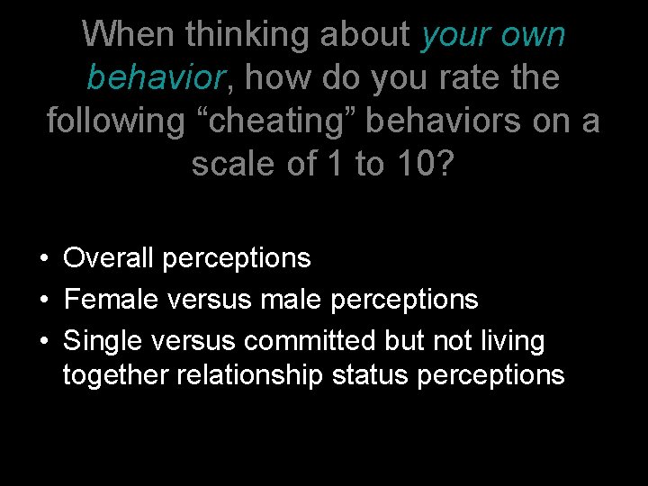 When thinking about your own behavior, how do you rate the following “cheating” behaviors