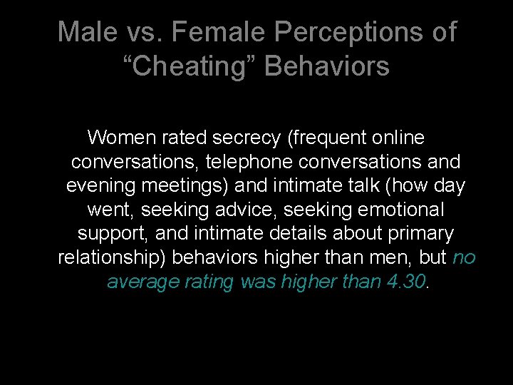 Male vs. Female Perceptions of “Cheating” Behaviors Women rated secrecy (frequent online conversations, telephone