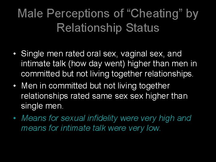 Male Perceptions of “Cheating” by Relationship Status • Single men rated oral sex, vaginal