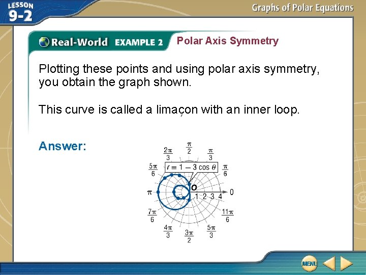 Polar Axis Symmetry Plotting these points and using polar axis symmetry, you obtain the