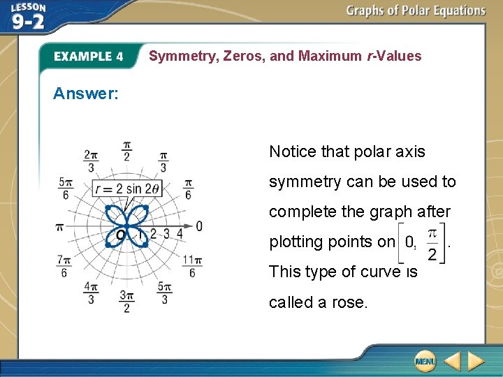 Symmetry, Zeros, and Maximum r-Values Answer: Notice that polar axis symmetry can be used