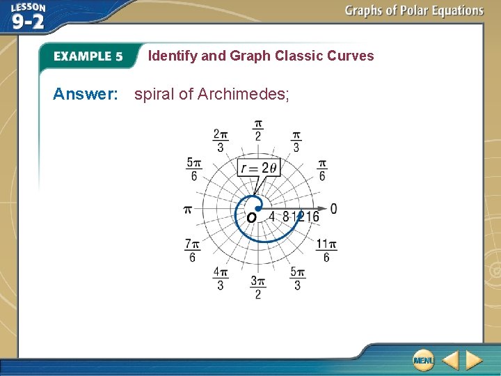 Identify and Graph Classic Curves Answer: spiral of Archimedes; 