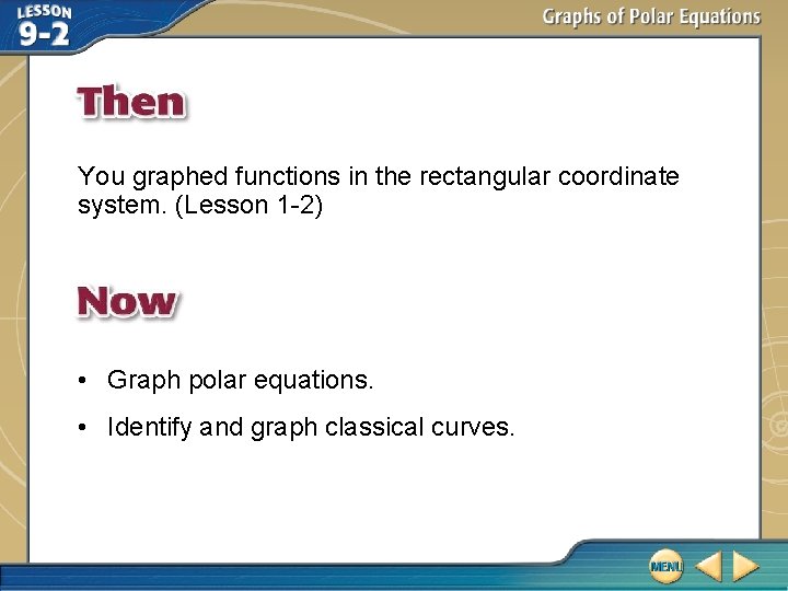 You graphed functions in the rectangular coordinate system. (Lesson 1 -2) • Graph polar