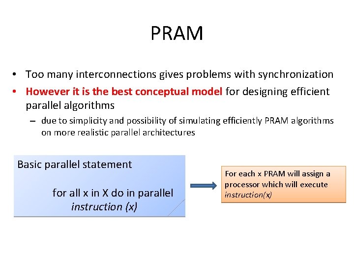 PRAM • Too many interconnections gives problems with synchronization • However it is the