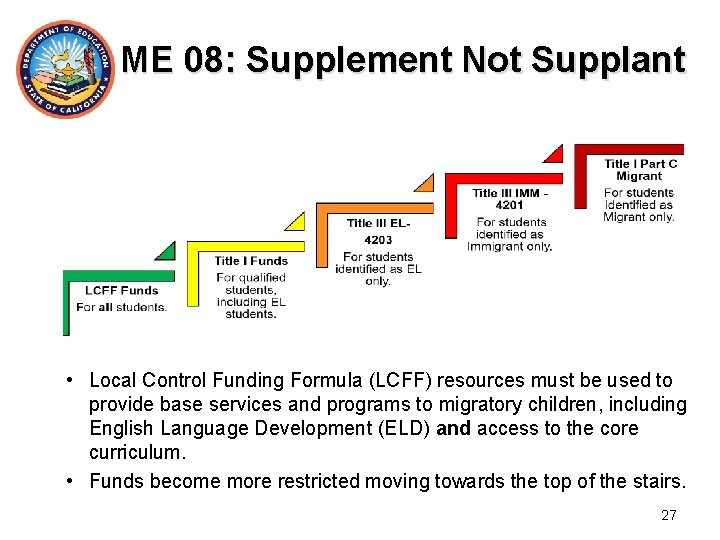 ME 08: Supplement Not Supplant • Local Control Funding Formula (LCFF) resources must be