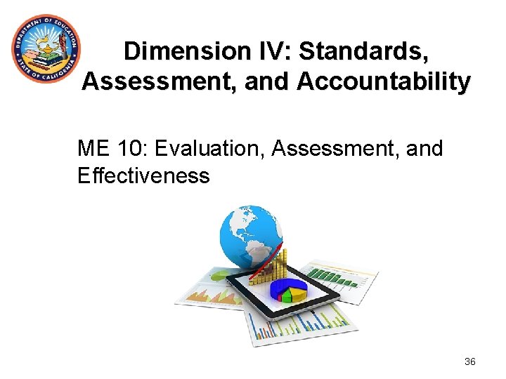 Dimension IV: Standards, Assessment, and Accountability ME 10: Evaluation, Assessment, and Effectiveness 36 