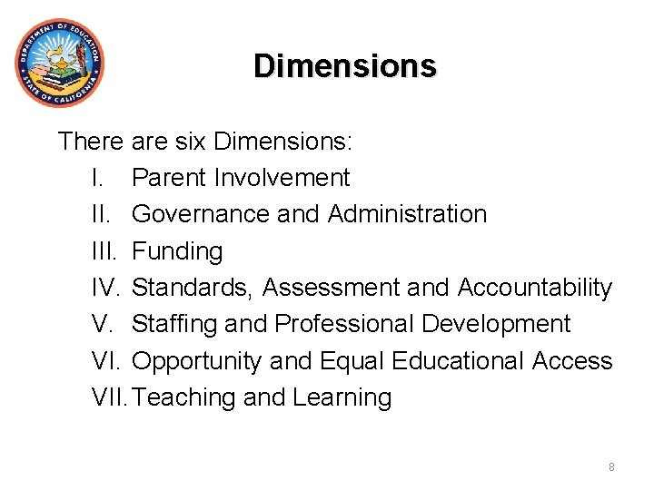 Dimensions There are six Dimensions: I. Parent Involvement II. Governance and Administration III. Funding