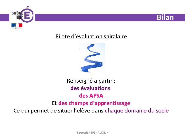 Bilan Pilote d’évaluation spiralaire Renseigné à partir : des évaluations des APSA Et des