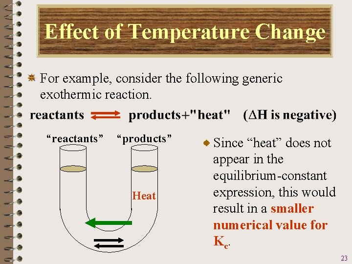 Effect of Temperature Change For example, consider the following generic exothermic reaction. “reactants” “products”