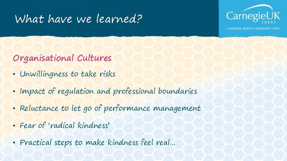 What have we learned? Organisational Cultures • Unwillingness to take risks • Impact of What have we learned? Organisational Cultures • Unwillingness to take risks • Impact of