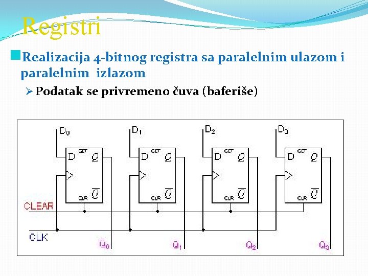 Registri g. Realizacija 4 bitnog registra sa paralelnim ulazom i paralelnim izlazom Ø Podatak
