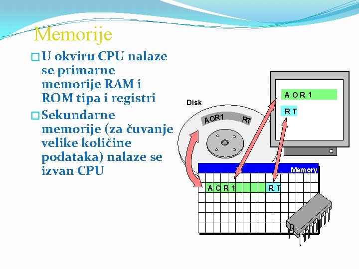 Memorije �U okviru CPU nalaze se primarne memorije RAM i ROM tipa i registri