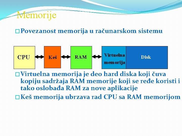 Memorije � Povezanost CPU Keš � Virtuelna memorija u računarskom sistemu RAM Virtuelna memorija