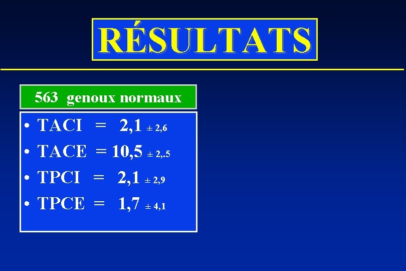 RÉSULTATS 563 genoux normaux • • TACI = 2, 1 ± 2, 6 TACE