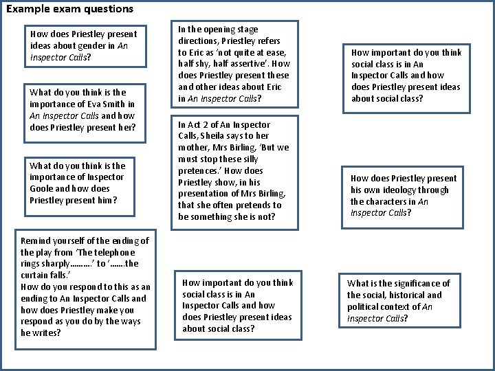 Example exam questions How does Priestley present ideas about gender in An Inspector Calls?