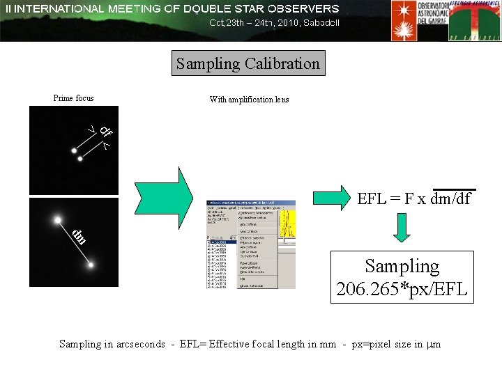 Sampling Calibration Prime focus With amplification lens EFL = F x dm/df Sampling 206. Sampling Calibration Prime focus With amplification lens EFL = F x dm/df Sampling 206.