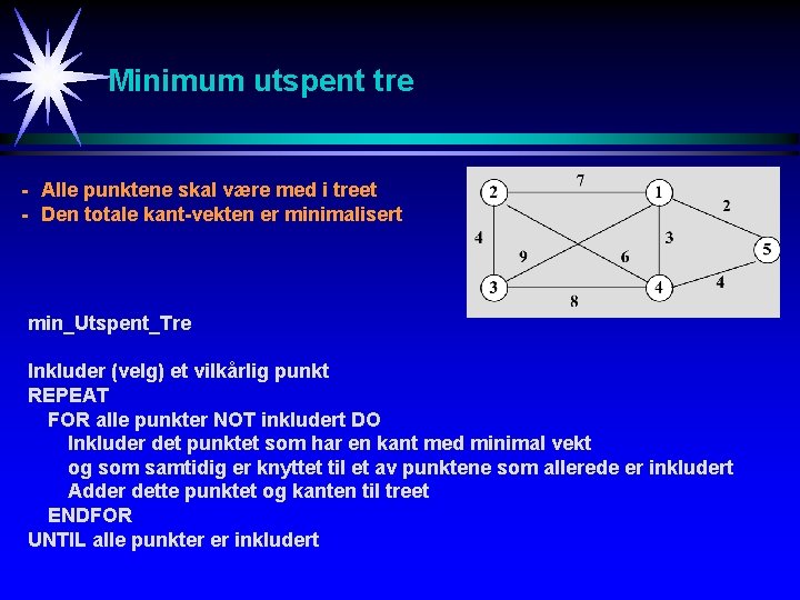 Minimum utspent tre - Alle punktene skal være med i treet - Den totale