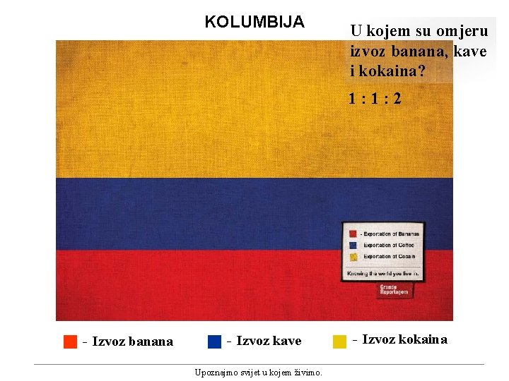 KOLUMBIJA U kojem su omjeru izvoz banana, kave i kokaina? 1: 1: 2 -
