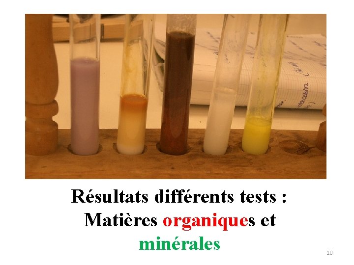 Résultats différents tests : Matières organiques et minérales 10 Résultats différents tests : Matières organiques et minérales 10