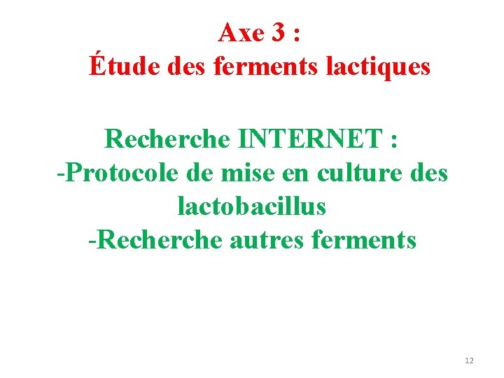 Axe 3 : Étude des ferments lactiques Recherche INTERNET : -Protocole de mise en Axe 3 : Étude des ferments lactiques Recherche INTERNET : -Protocole de mise en