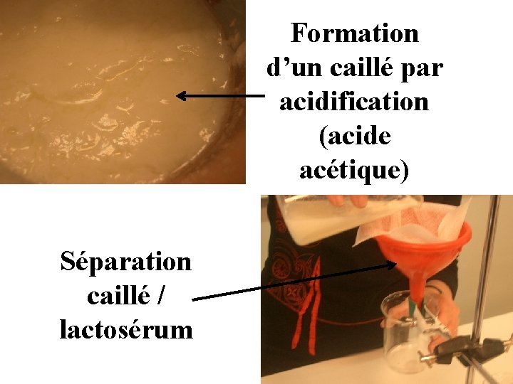 Formation d’un caillé par acidification (acide acétique) Séparation caillé / lactosérum 9 Formation d’un caillé par acidification (acide acétique) Séparation caillé / lactosérum 9