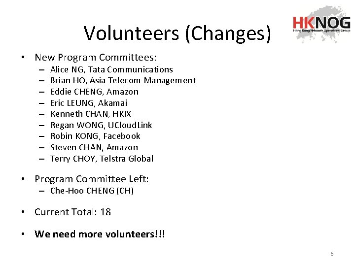 Volunteers (Changes) • New Program Committees: – – – – – Alice NG, Tata