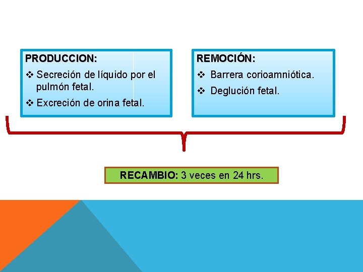 PRODUCCION: REMOCIÓN: v Secreción de líquido por el pulmón fetal. v Barrera corioamniótica. v