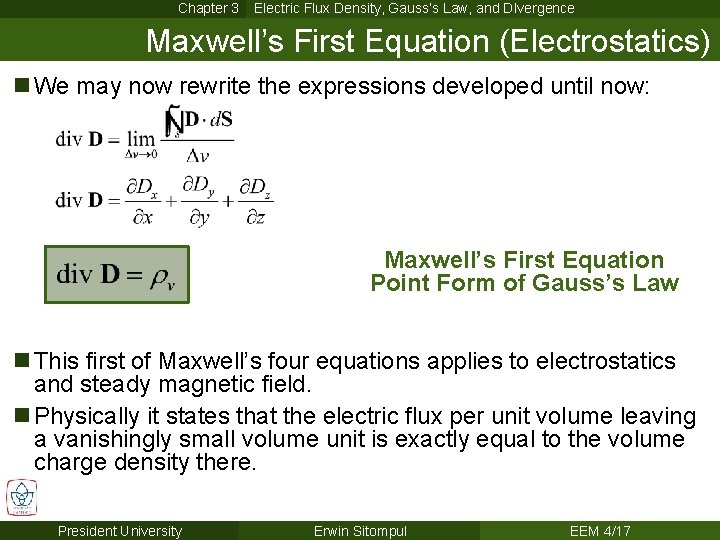 Chapter 3 Electric Flux Density, Gauss’s Law, and DIvergence Maxwell’s First Equation (Electrostatics) n