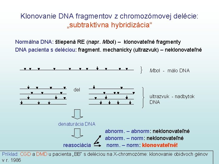 Klonovanie DNA fragmentov z chromozómovej delécie: „subtraktívna hybridizácia“ Normálna DNA: štiepená RE (napr. Mbo.