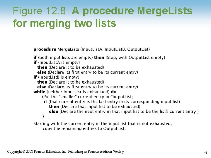 Figure 12. 8 A procedure Merge. Lists for merging two lists 1 -18 Copyright