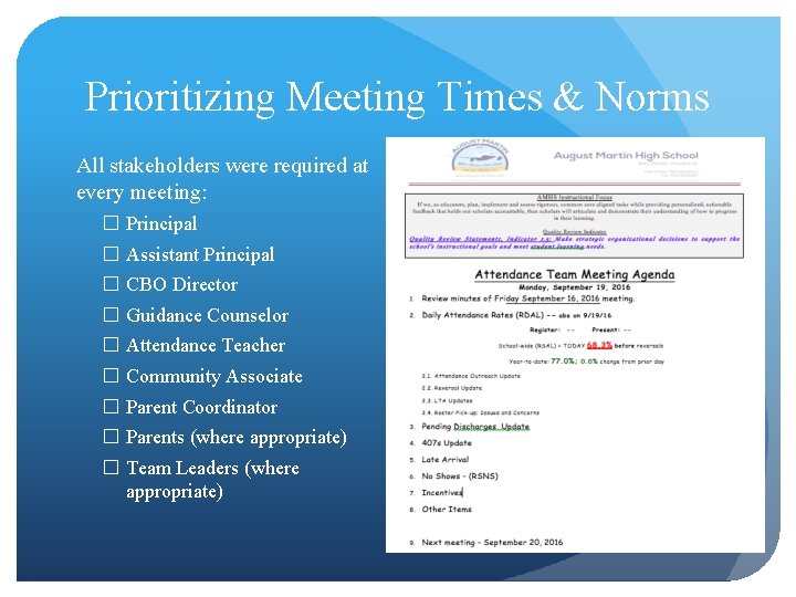 Prioritizing Meeting Times & Norms All stakeholders were required at every meeting: � Principal Prioritizing Meeting Times & Norms All stakeholders were required at every meeting: � Principal