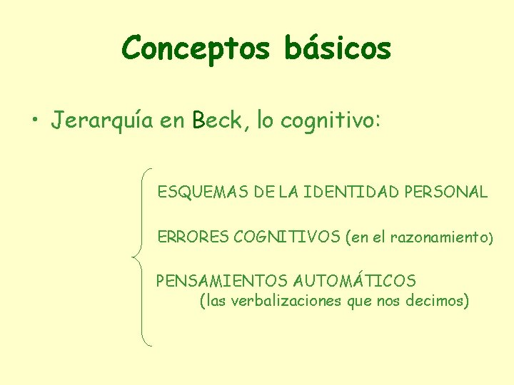 Conceptos básicos • Jerarquía en Beck, lo cognitivo: ESQUEMAS DE LA IDENTIDAD PERSONAL ERRORES