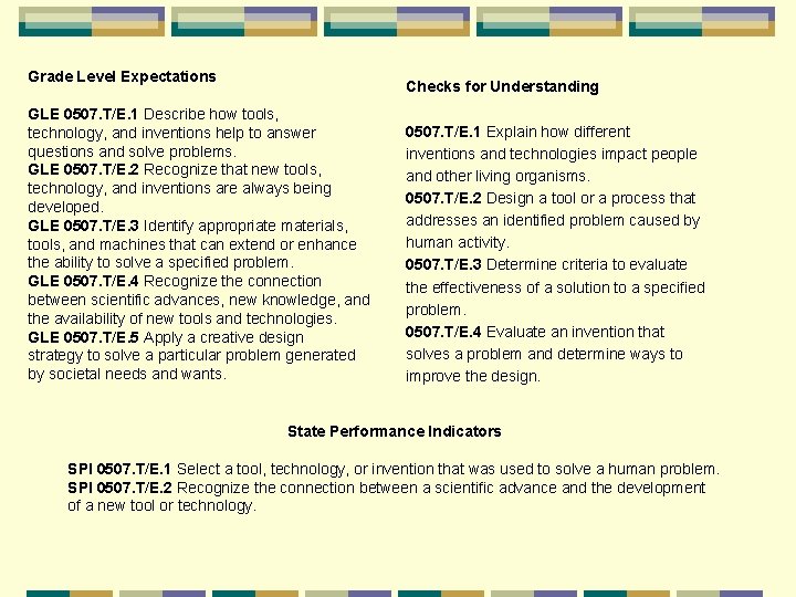 Grade Level Expectations Checks for Understanding GLE 0507. T/E. 1 Describe how tools, technology,