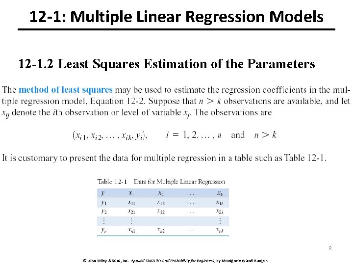 12 -1: Multiple Linear Regression Models 12 -1. 2 Least Squares Estimation of the