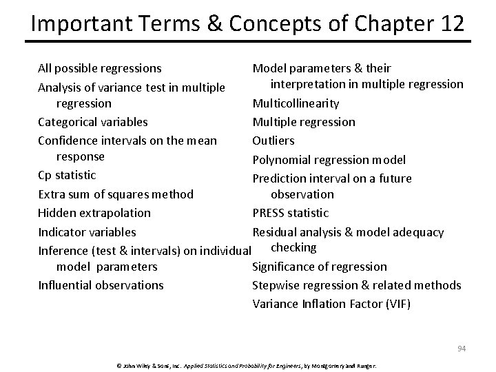 Important Terms & Concepts of Chapter 12 Model parameters & their All possible regressions