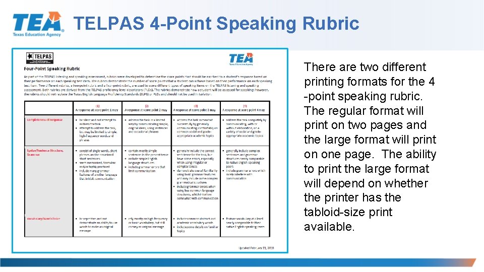TELPAS 4 -Point Speaking Rubric There are two different printing formats for the 4 TELPAS 4 -Point Speaking Rubric There are two different printing formats for the 4