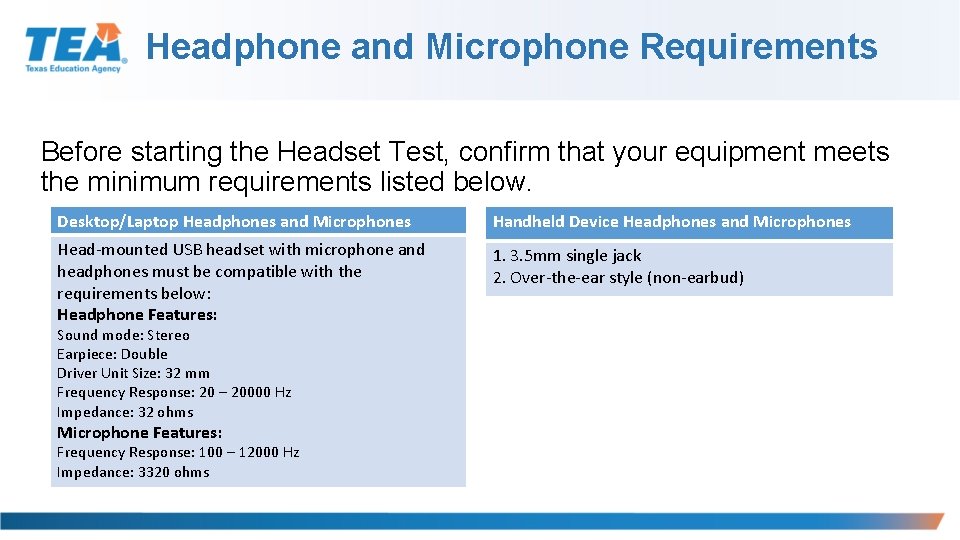 Headphone and Microphone Requirements Before starting the Headset Test, confirm that your equipment meets