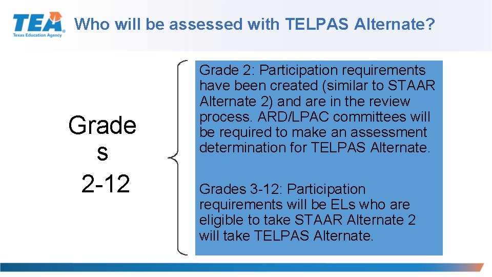 Who will be assessed with TELPAS Alternate? Grade s 2 -12 Grade 2: Participation