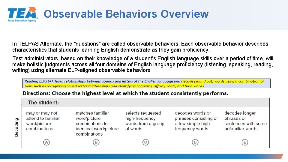 Observable Behaviors Overview In TELPAS Alternate, the “questions” are called observable behaviors. Each observable