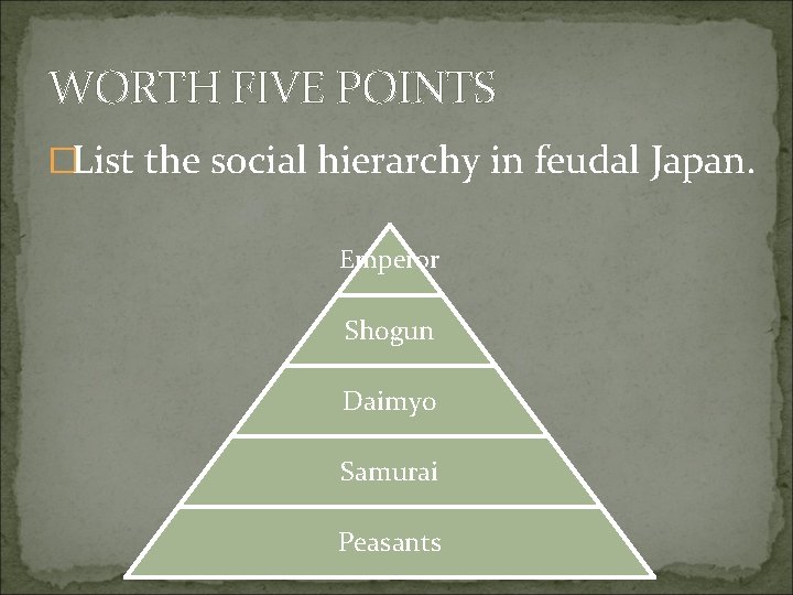 WORTH FIVE POINTS �List the social hierarchy in feudal Japan. Emperor Shogun Daimyo Samurai