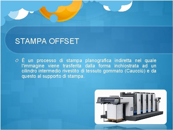 STAMPA OFFSET È un processo di stampa planografica indiretta nel quale l'immagine viene trasferita