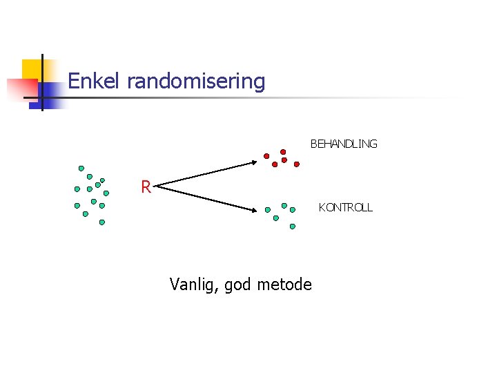 Enkel randomisering BEHANDLING R KONTROLL Vanlig, god metode 