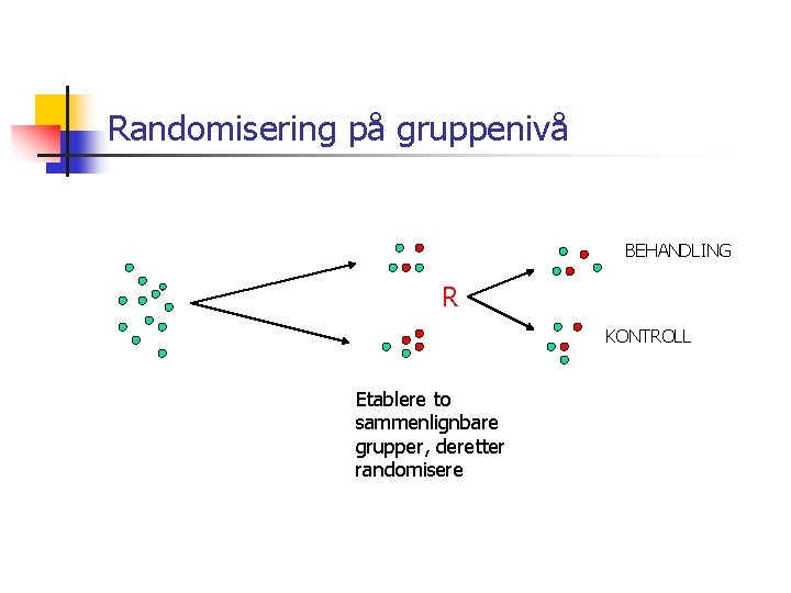 Randomisering på gruppenivå BEHANDLING R KONTROLL Etablere to sammenlignbare grupper, deretter randomisere 