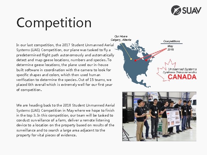 Competition Our Home Calgary, Alberta In our last competition, the 2017 Student Unmanned Aerial
