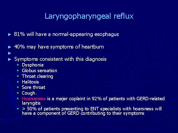 Laryngopharyngeal reflux ► 81% will have a normal-appearing esophagus ► ► ► 40% may