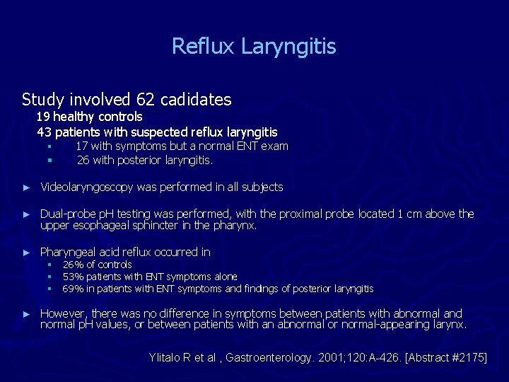 Reflux Laryngitis Study involved 62 cadidates 19 healthy controls 43 patients with suspected reflux