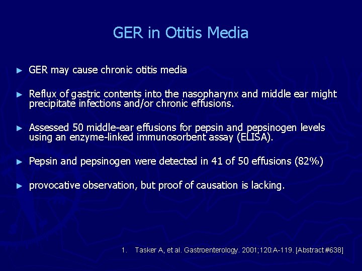 GER in Otitis Media ► GER may cause chronic otitis media ► Reflux of
