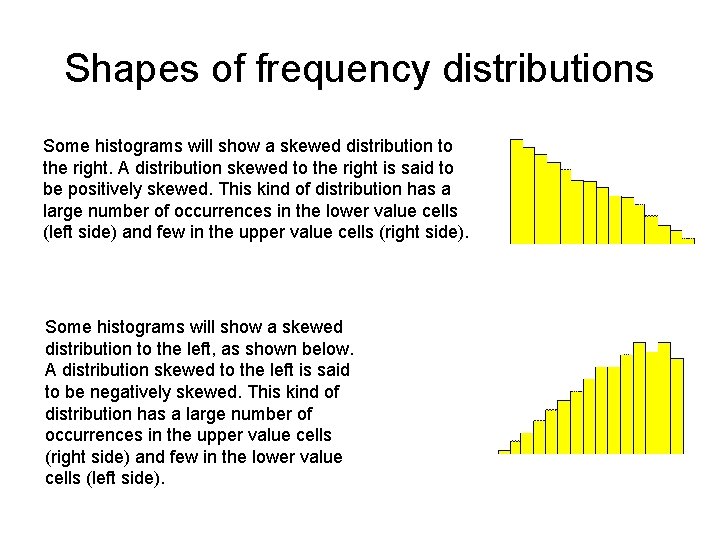 Shapes of frequency distributions Some histograms will show a skewed distribution to the right.