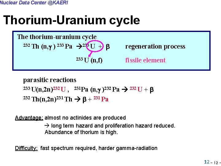 Nuclear Data Center @KAERI Thorium-Uranium cycle The thorium-uranium cycle 232 Th (n, ) 233